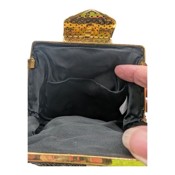 Vintage Beaded Evening Clutch With Metal Hideaway Strap 50-60s Style Black Gold - Picture 10 of 12